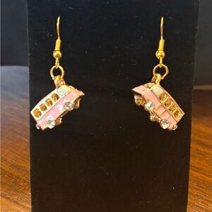 VW Bus new Pink Gold Earrings w Rhinestone wheels kids fun adults hippie whimsy
